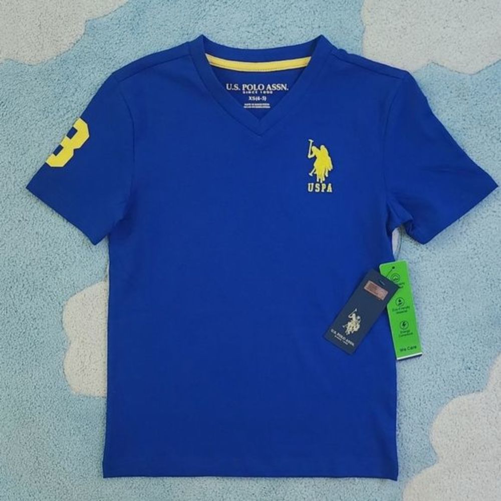 U.S. Polo #3 Blue Yellow Sports Cotton T Shirt Size XS 4/5 Boy Sustainable